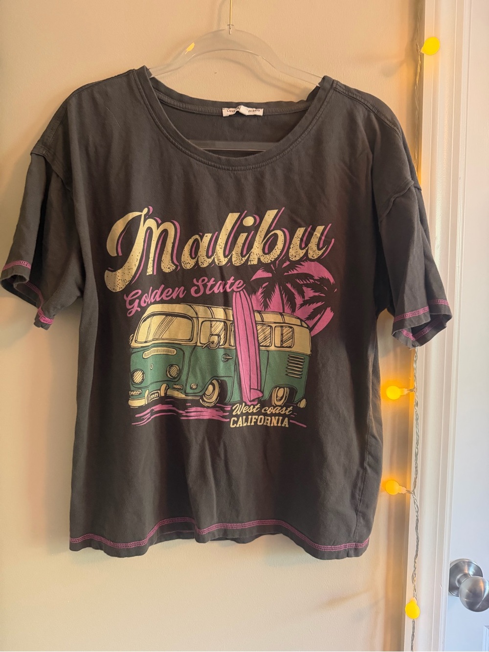 Malibu Graphic Short Sleeve Tee - Dark Gray with Pink & Teal Print